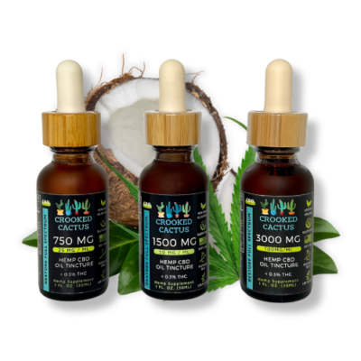 Crooked Cactus CBD's line of full spectrum CBD oil tinctures featuring 3 concentrations.