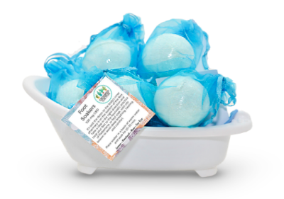 several foot soaker bath bombs stacked in plastic tub